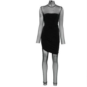 Norma Kamali Long Sleeve Turtleneck Strapless Dress w/ Tulle Jumpsuit